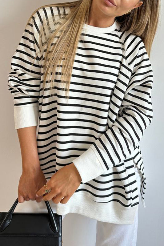 Black Stripe Raglan Sleeve Side Slits Loose Sweatshirt