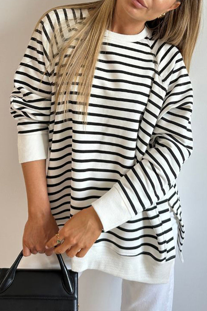 Black Stripe Raglan Sleeve Side Slits Loose Sweatshirt