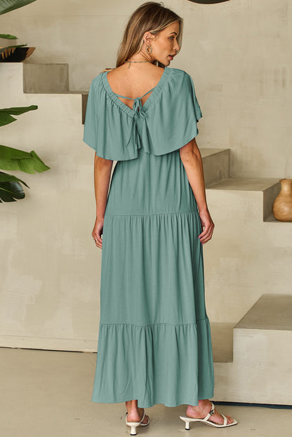 Grass Green Textured V Neck Flutter Sleeve Ruffled Maxi Dress