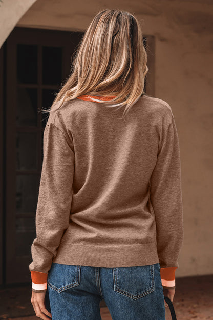 Black Contrast Striped Trim V Neck Varsity Sweater