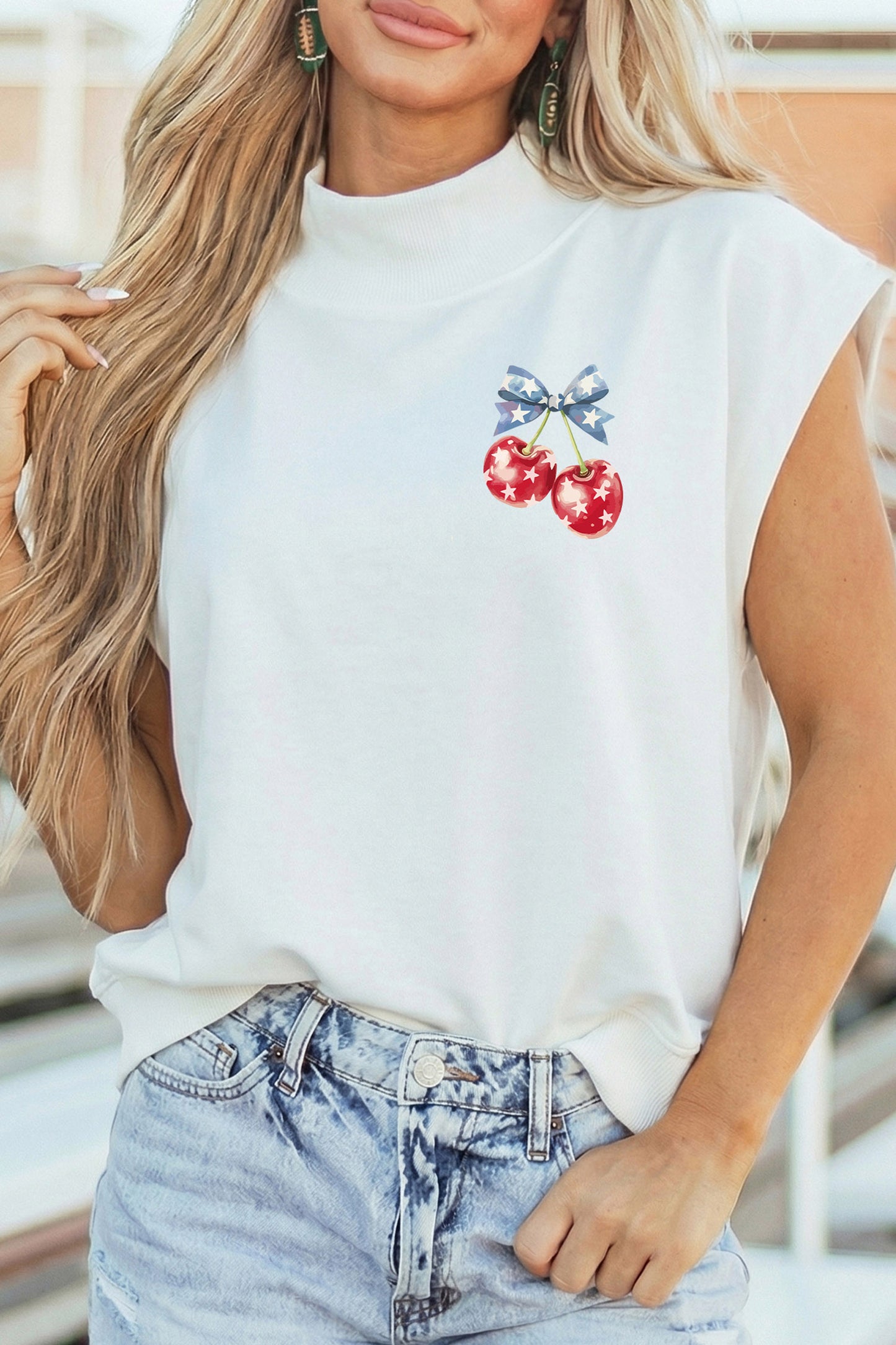 White Mock Neck Short Sleeve Cherry Print America Slogan Casual Top