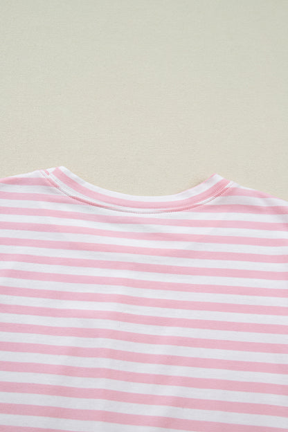 Rose Stripe Drop Shoulder Round Neck Top and Buttoned Straight Pants Two Piece Set