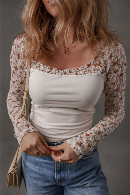 White Floral Lace Patchwork Square Neck Long Sleeve Top