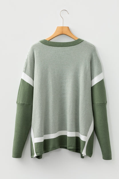 Green Stripe Color Block Patchwork Dolman Oversize Tunic Sweater