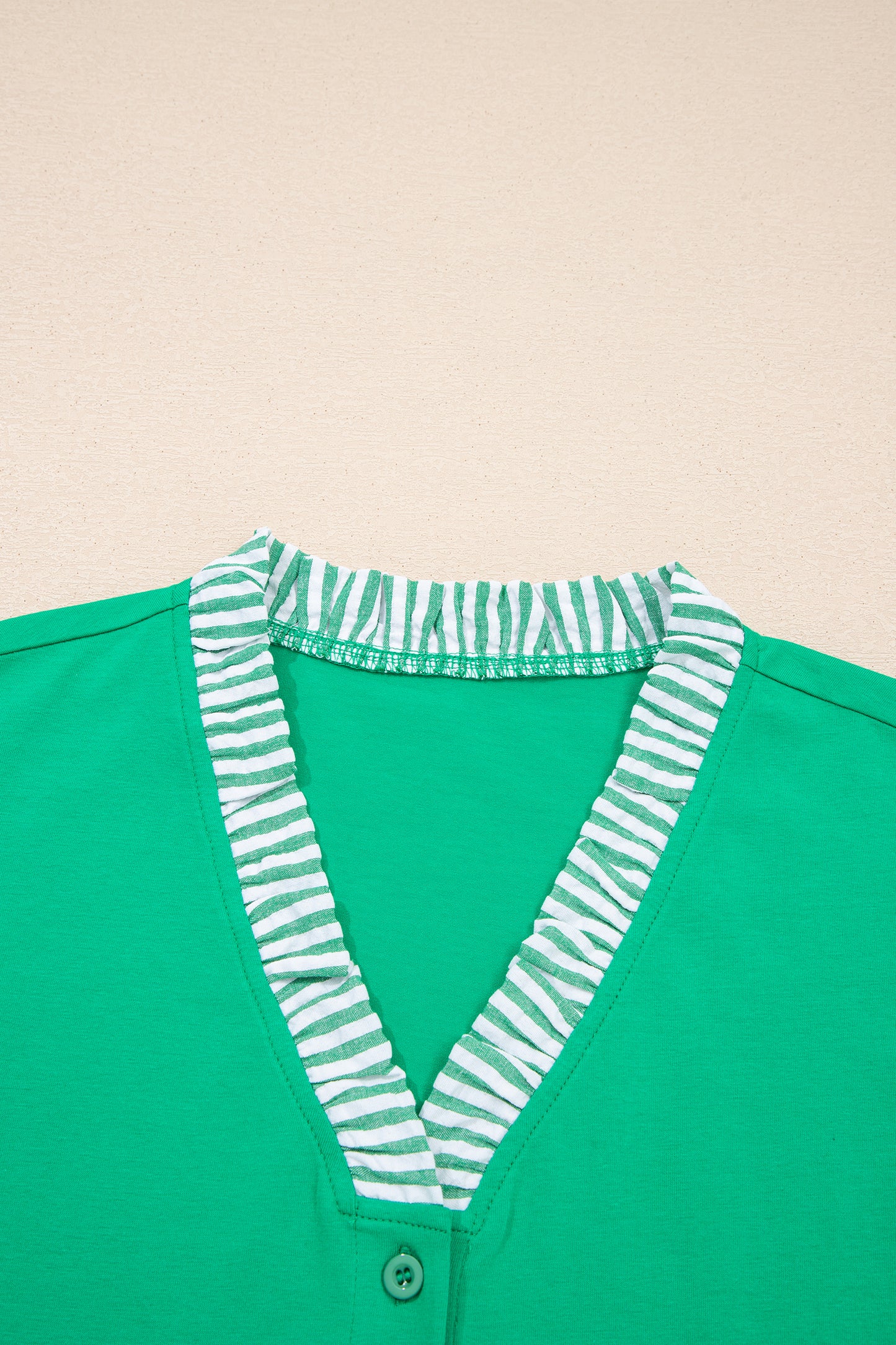 Dark Green Plus Size Button Front Ruffled Stripe Trim V Neck Flutter Sleeve Blouse