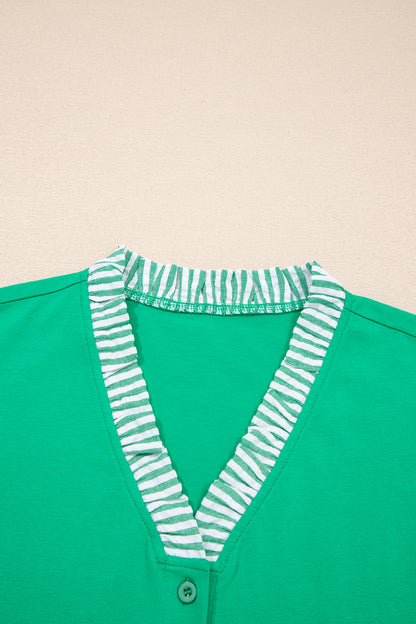 Dark Green Plus Size Button Front Ruffled Stripe Trim V Neck Flutter Sleeve Blouse