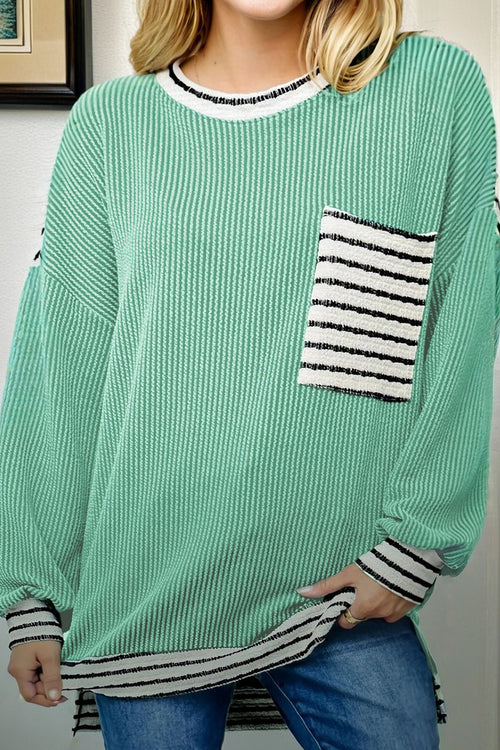 Sea Green Twisted Ribbed Contrast Round Neck Striped Patchwork Long Sleeve Top