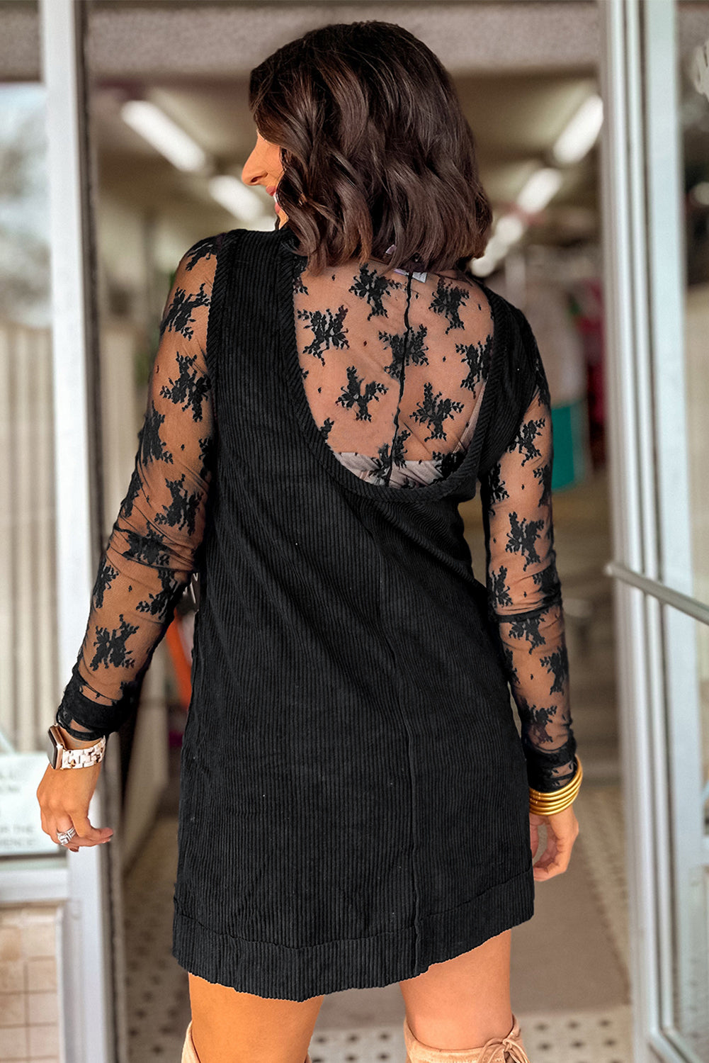 Black Corduroy Sleeveless Mini Dress With Patched Pockets