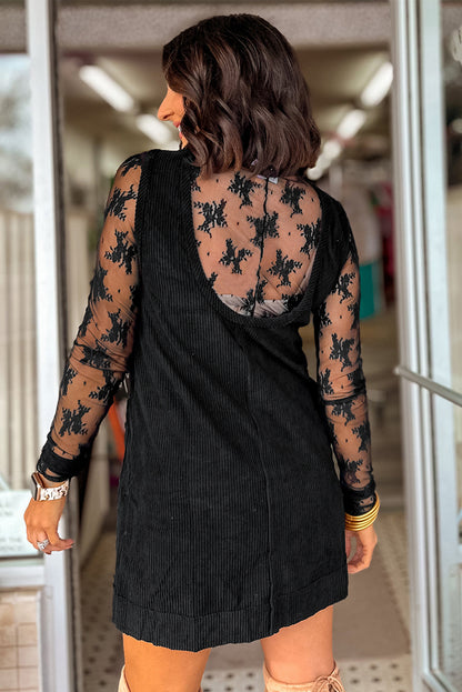 Black Corduroy Sleeveless Mini Dress With Patched Pockets