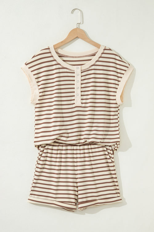 Brown Stripe Half Buttons Top and Shorts Set