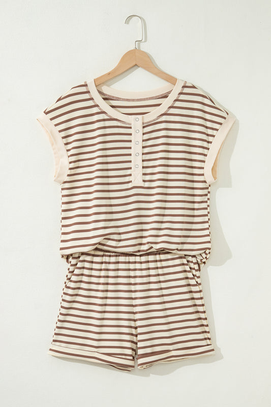 Brown Stripe Half Buttons Top and Shorts Set