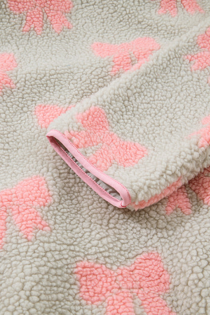 Gray Bow Sherpa Quarter Zip Drop Shoulder Baggy Sweatshirt