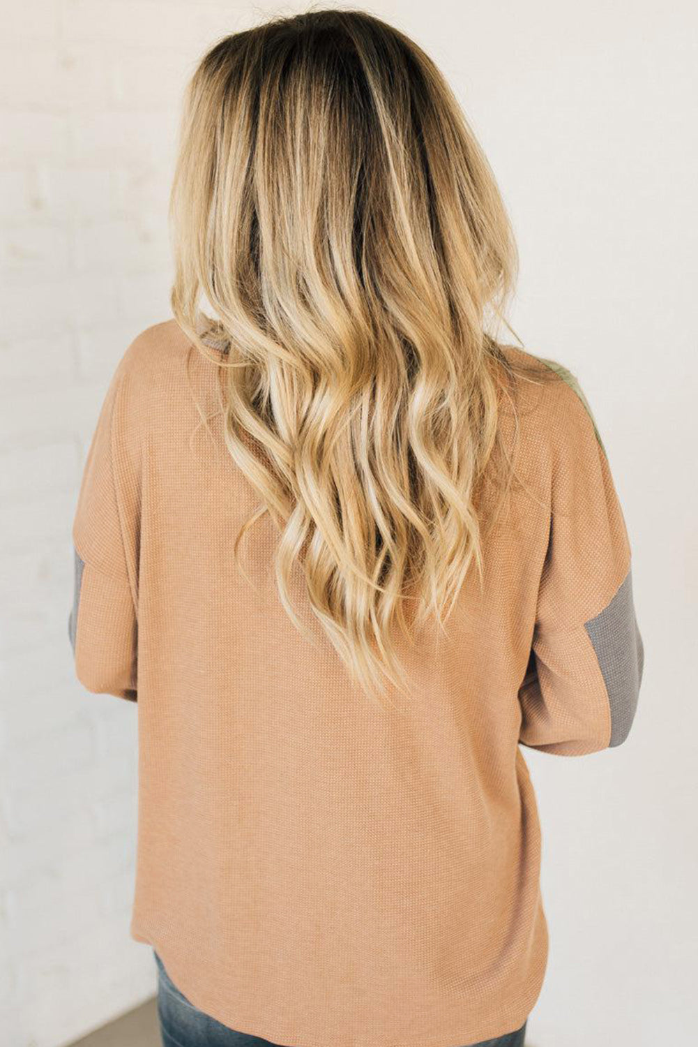 Buckskin Color Block Thermal Textured Knit Drop Shoulder Henley Top