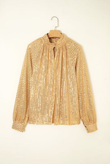 Gold Metallic Balloon Sleeve Buttoned High Neck Loose Blouse