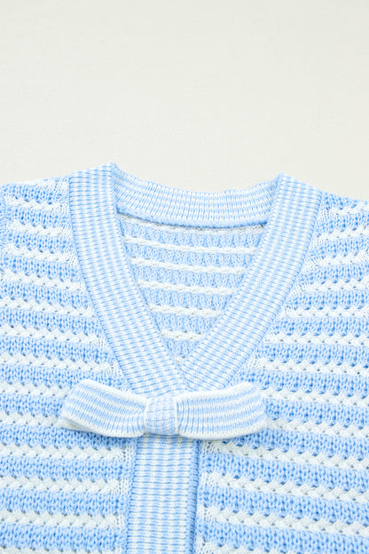 Sky Blue Stripe Short Sleeve Knit V Neck Bow Knot Sweater