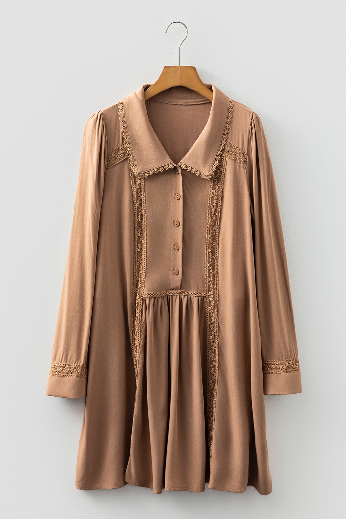 Straw Yellow Lace Trim Peter Pan Collar Long Sleeve Mini Shirt Dress