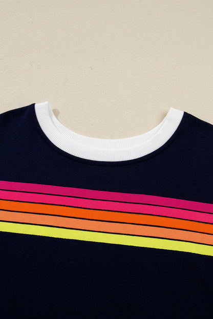 Bluing Colorful Striped Accent Varsity Long Sleeve Pullover and Shorts Matching Set