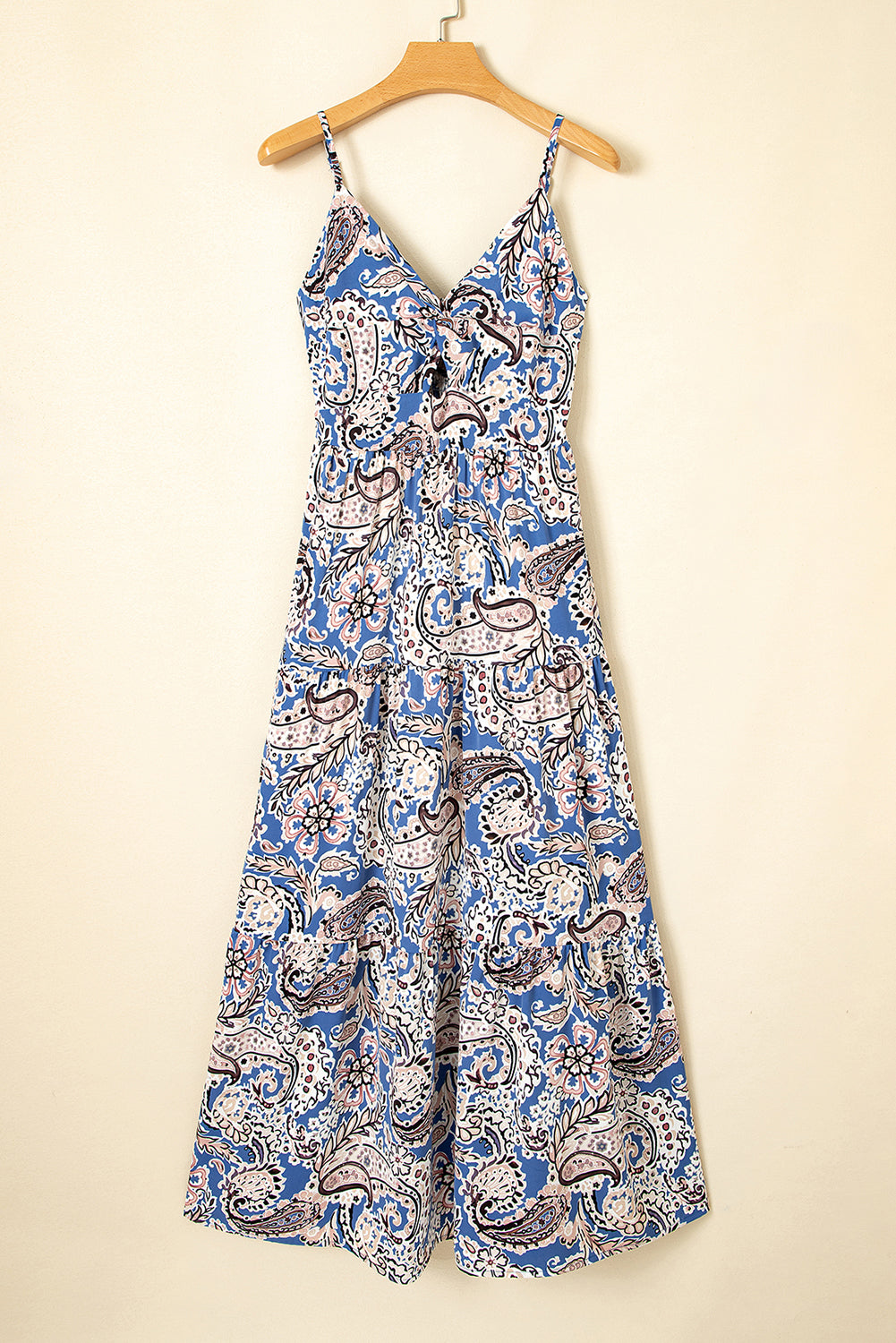 Blue Paisley Print Twist Detail Smocked Back Spaghetti Straps Long Dress