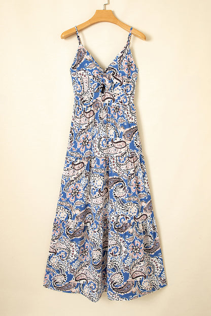 Blue Paisley Print Twist Detail Smocked Back Spaghetti Straps Long Dress