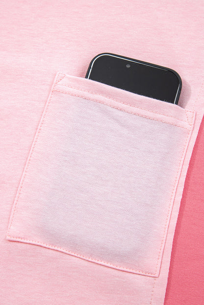 Light Pink Floral Colorblock Patchwork Chest Pocket Notched Neck Long Sleeve Top