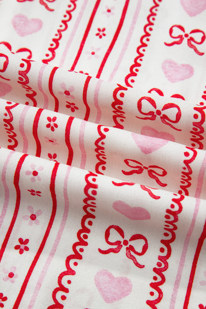 Red Cute Bow Heart Print Ribbon Decor Short 2pcs Pajama Set