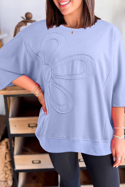 Clearly Aqua Floral Patched Half Sleeve Tunic Top