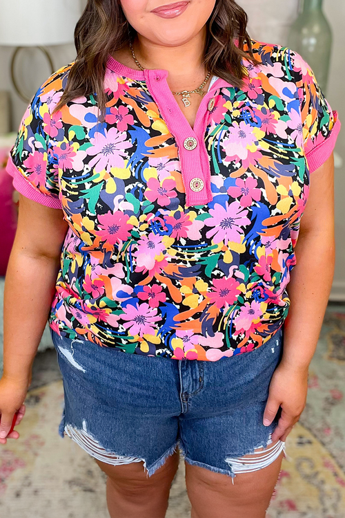 Rose Floral Short Sleeve Contrast Edge Plus Size Henley Top
