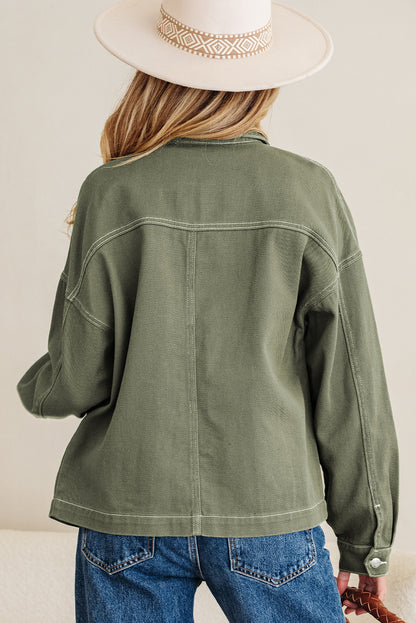 Smoke Green Patched Pocket Collared Button Front Boyfriend Denim Jacket