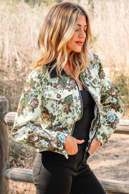 Khaki Floral Print Zip Up Contrast Collared Jacket
