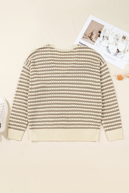 Khaki Stripe Plus Size V Neck Drop Shoulder Sweater