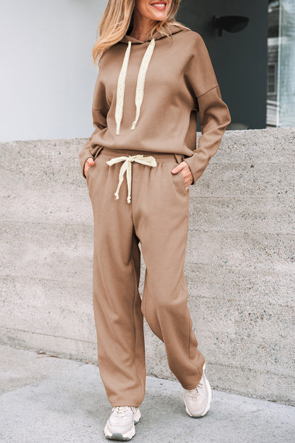 Rose Tan Lace Drawstring Pullover Hoodie and High Waist Pants Corduroy Suit