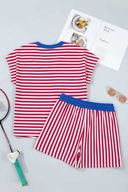 Pink Stripe Colorblock Trim V Neck Tee Drawstring Elastic Waist Short Set