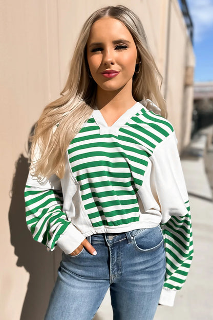 Green Stripe Colorblock Collared V Neck Cropped Knit Pullover