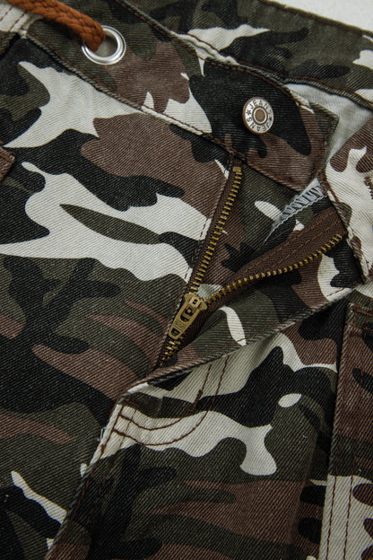 Green Camouflage Print Splashed Distressed Loose Denim Pants