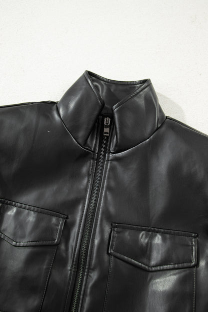 Black Double Flap Pocket Faux Leather Zip Up Stand Neck Vest