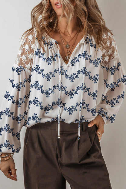 Blue Lace Patchwork Floral Bubble Sleeve V Split Neck Blouse
