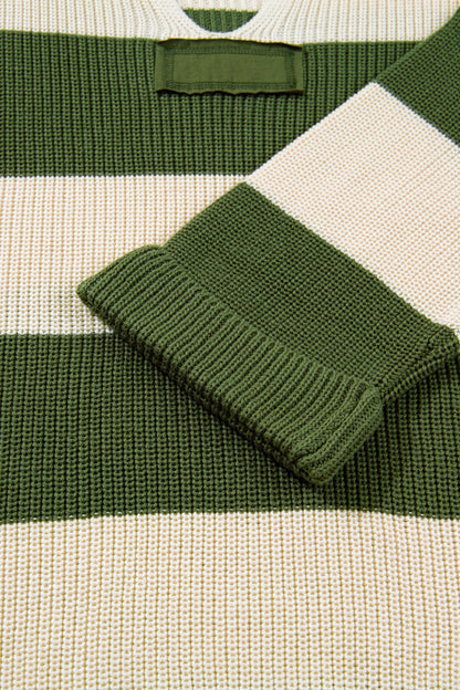 Green Stripe Colorblock Notched Neck Plus Size Sweater