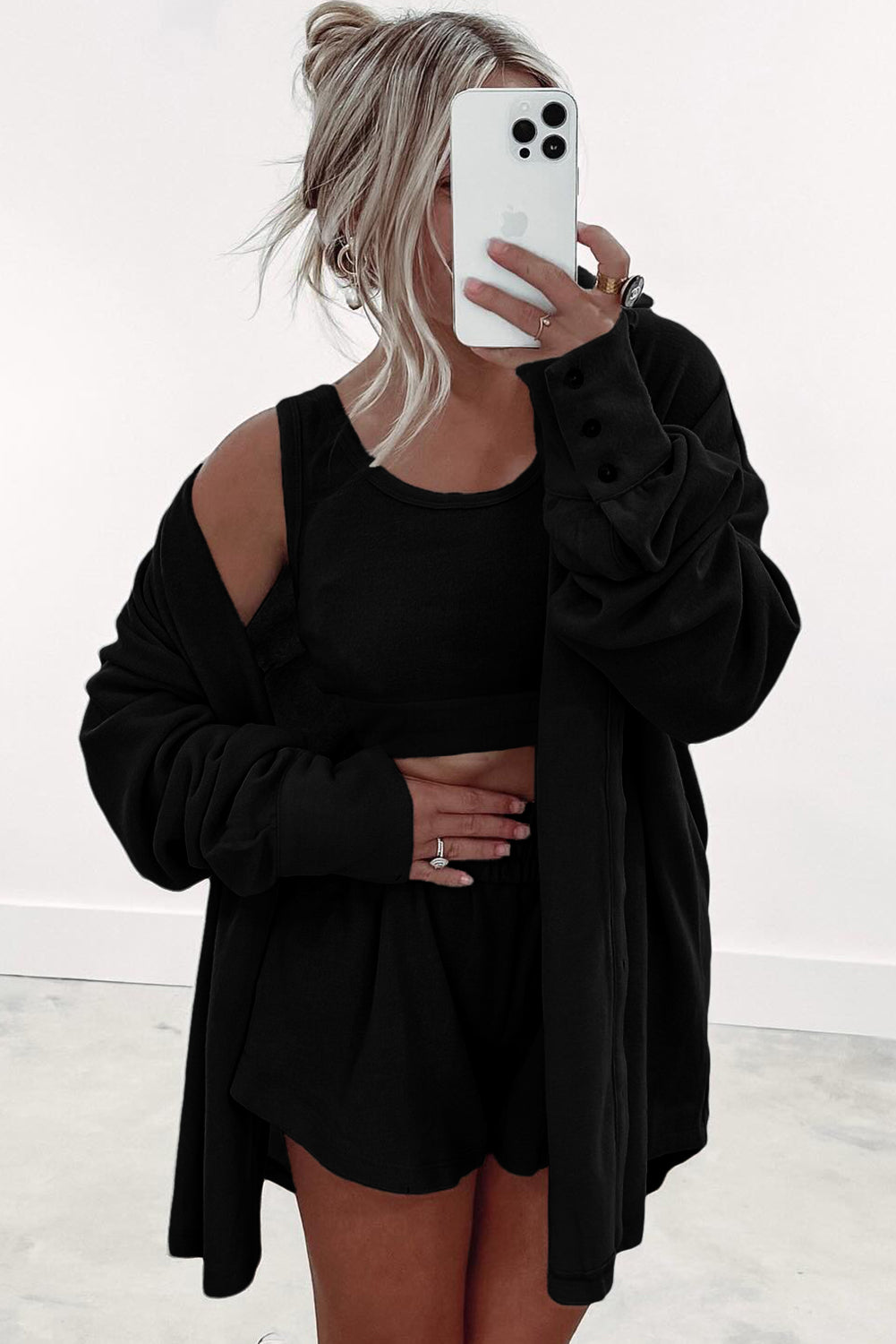 Gray 3 Pcs Crop Tank Top Shorts with Cardigan Lounge Set