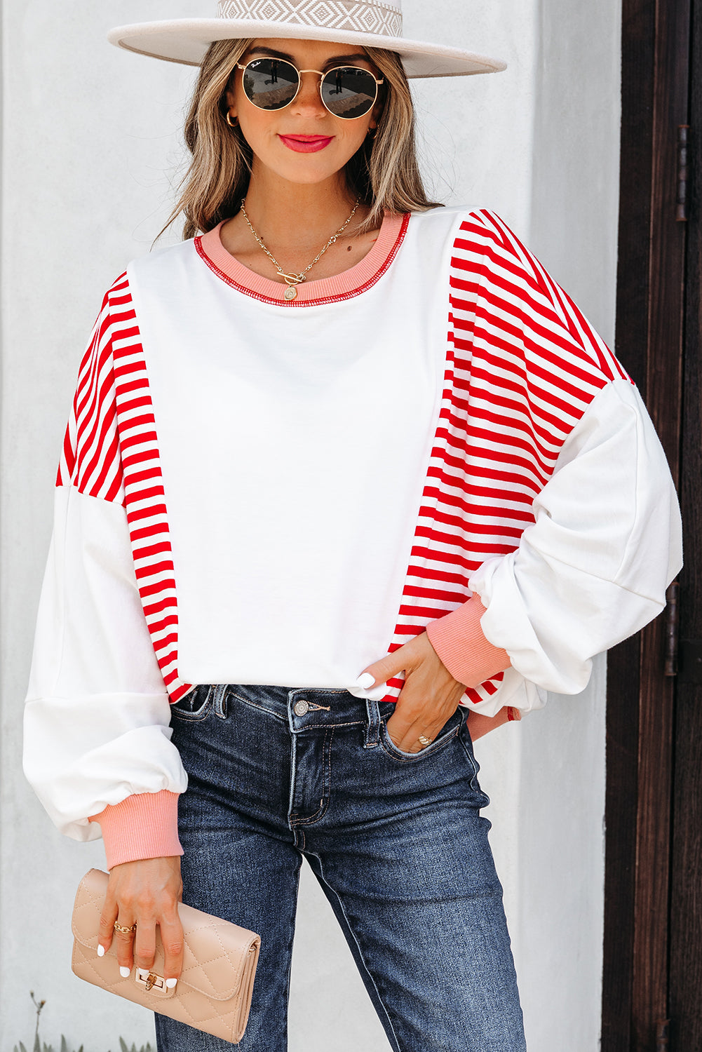 Red Stripe Colorblock Patchwork Contrast Stitching Oversize Sweatshirt