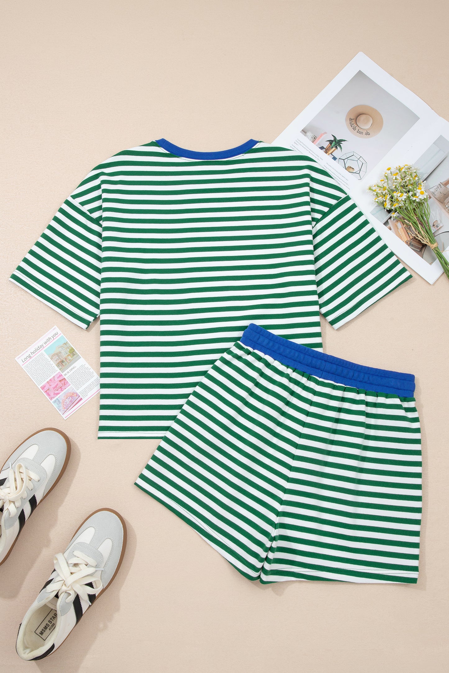 Yellow Stripe Drop Shoulder Boxy Casual Terry Short Set