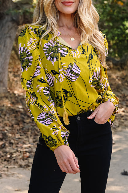 Yellow Vintage Floral V Neck Ruffle Trim Long Sleeve Blouse
