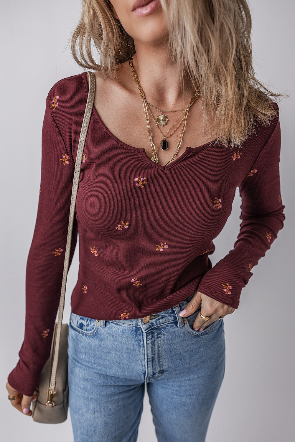 Burgundy Notched Neck Floral Print Ribbed Long Sleeve Top