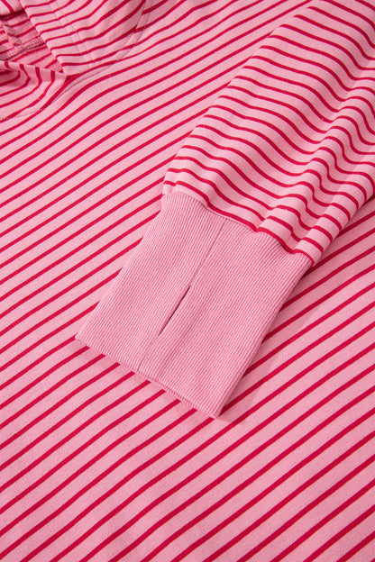 Rose Stripe Thumbhole Side Slits Drop Shoulder Loose Fit Hoodie