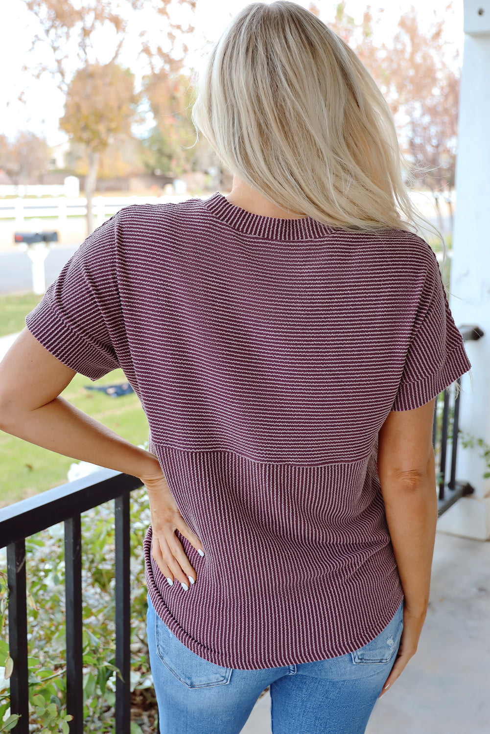 Myosotis Plain Corded Knit Mock Neck T Shirt
