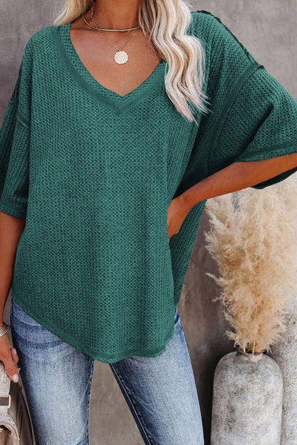 Gray Exposed Seam Half Sleeve Knitted V Neck Textured Top