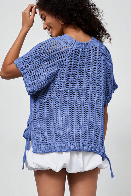 Black Plus Size Open Knit Bow Tie Short Sleeve Sweater