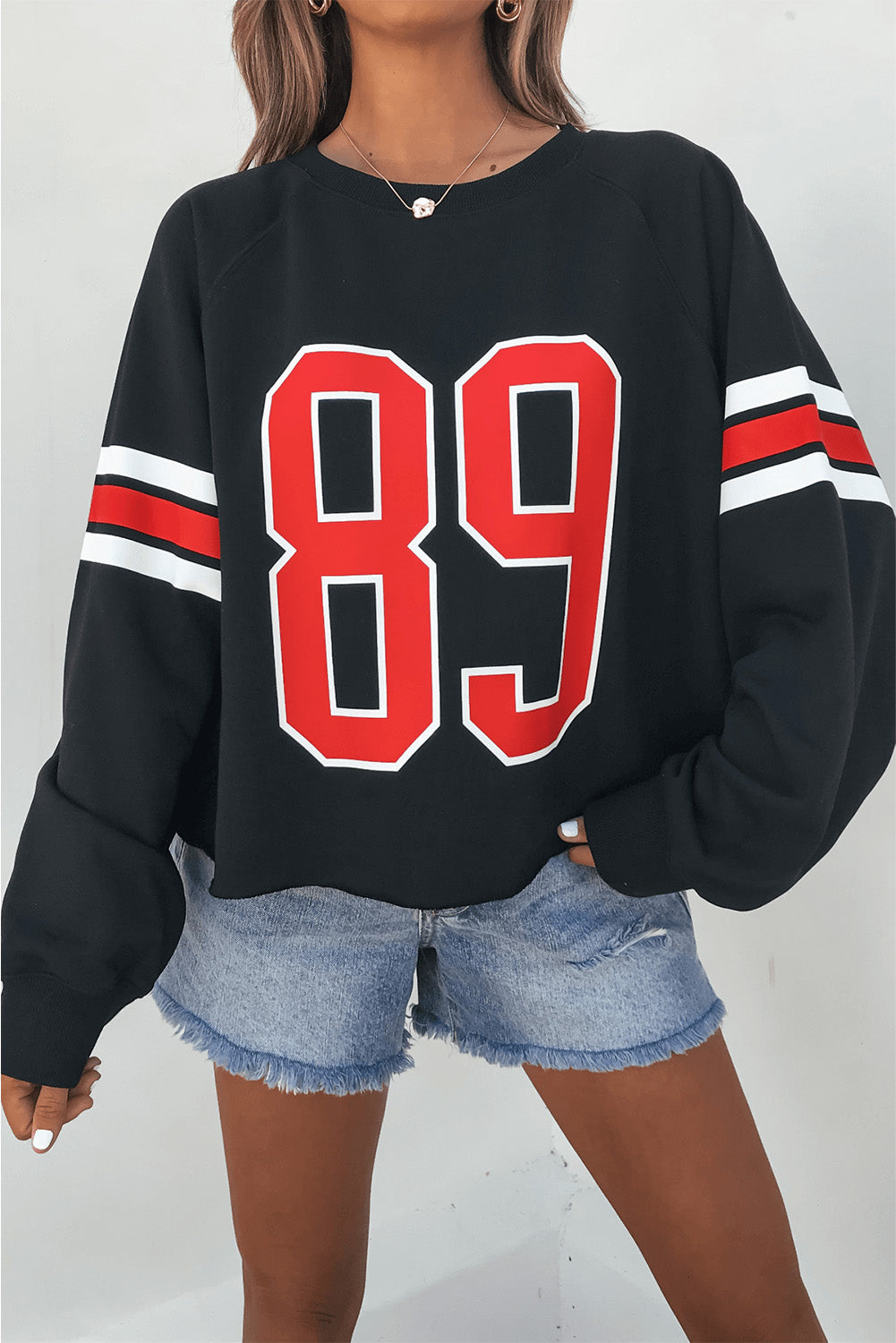 Black Varsity Spirit Striped 89 Graphic Casual Sweatshirt