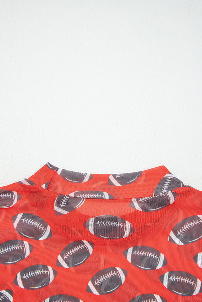 Red Game Day Rugby Mesh Sheer Long Sleeve Top