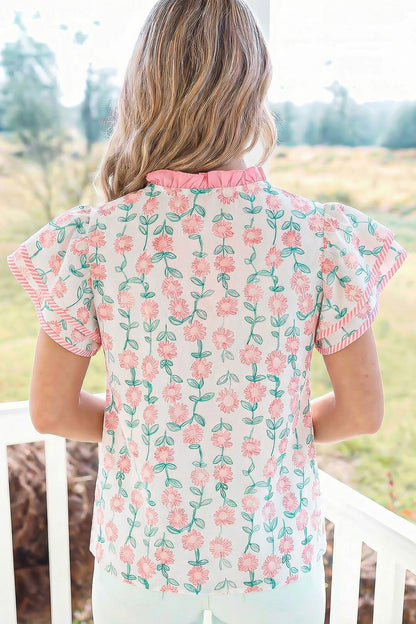 Green Floral Print Striped Detail Contrast V Neck Patchwork Flutter Sleeve Blouse
