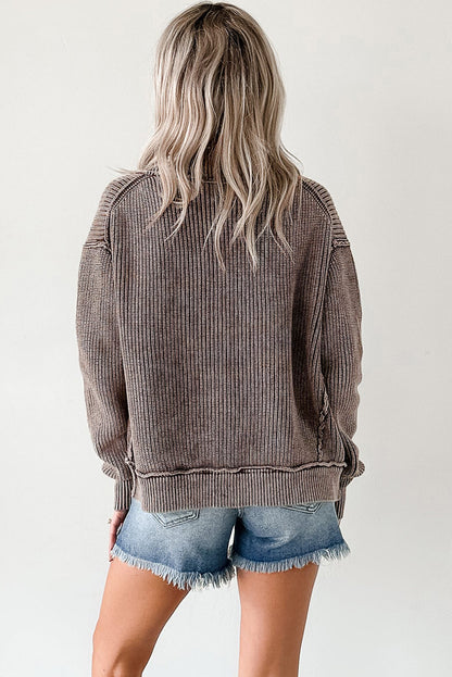 Chestnut Mineral Wash Exposed Seam Patchwork Knit Open Sweater Cardigan